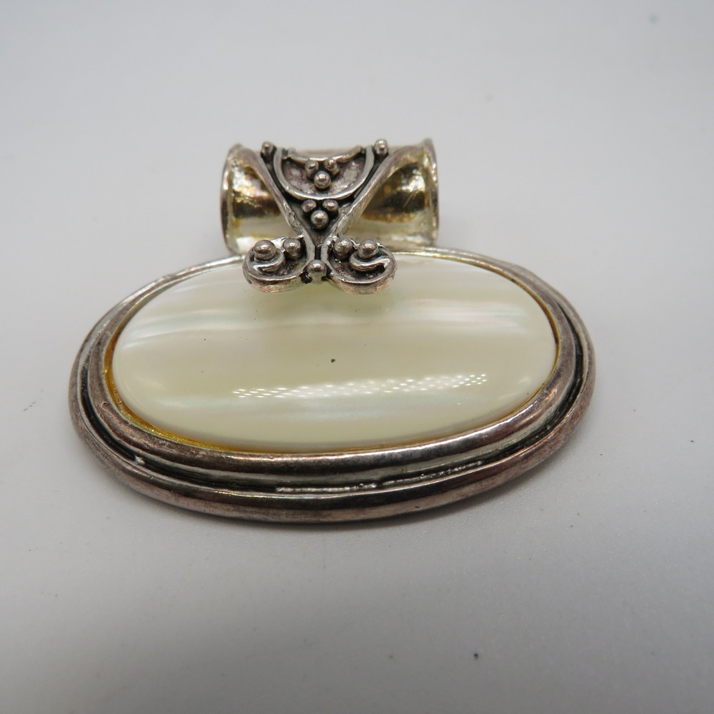 Vintage Style Silver Tone Metal and Cream White Resin Oval Statement Pendant 2"
